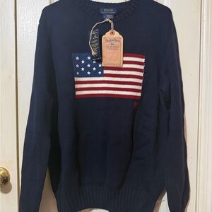 Polo by Ralph Lauren Men's Blue Sweater with Flag Design